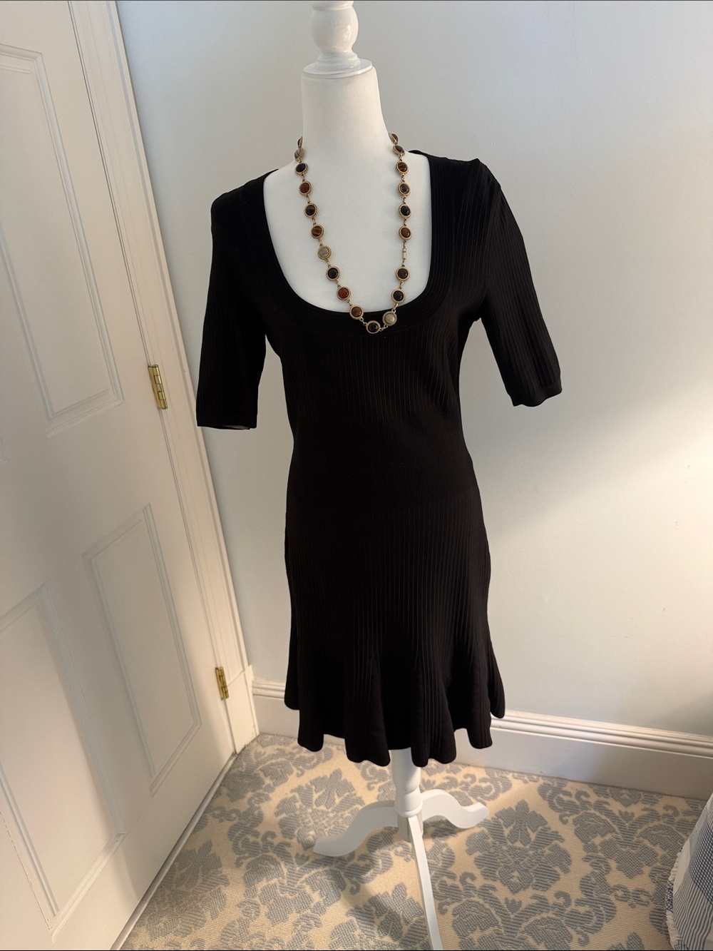 Wolford Black Ribbed Scoop-Neck Midi Dress with scalloped hemline. S